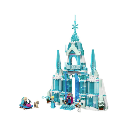 LEGO Disney ice palace building set, teal castle with front gate and figure lineup