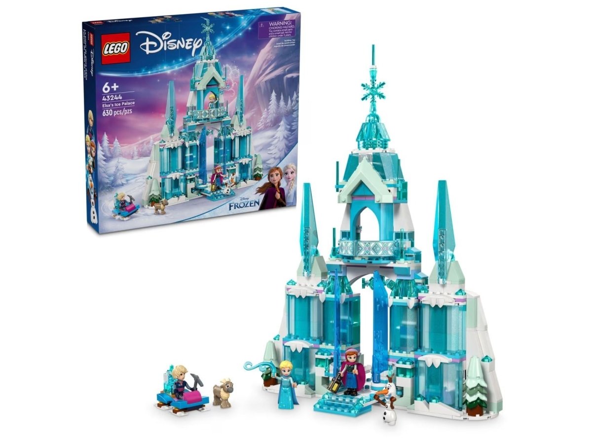 LEGO Disney ice palace building set with teal castle, minifigures, and accessories