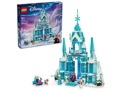 LEGO Disney ice palace building set with teal castle, minifigures, and accessories