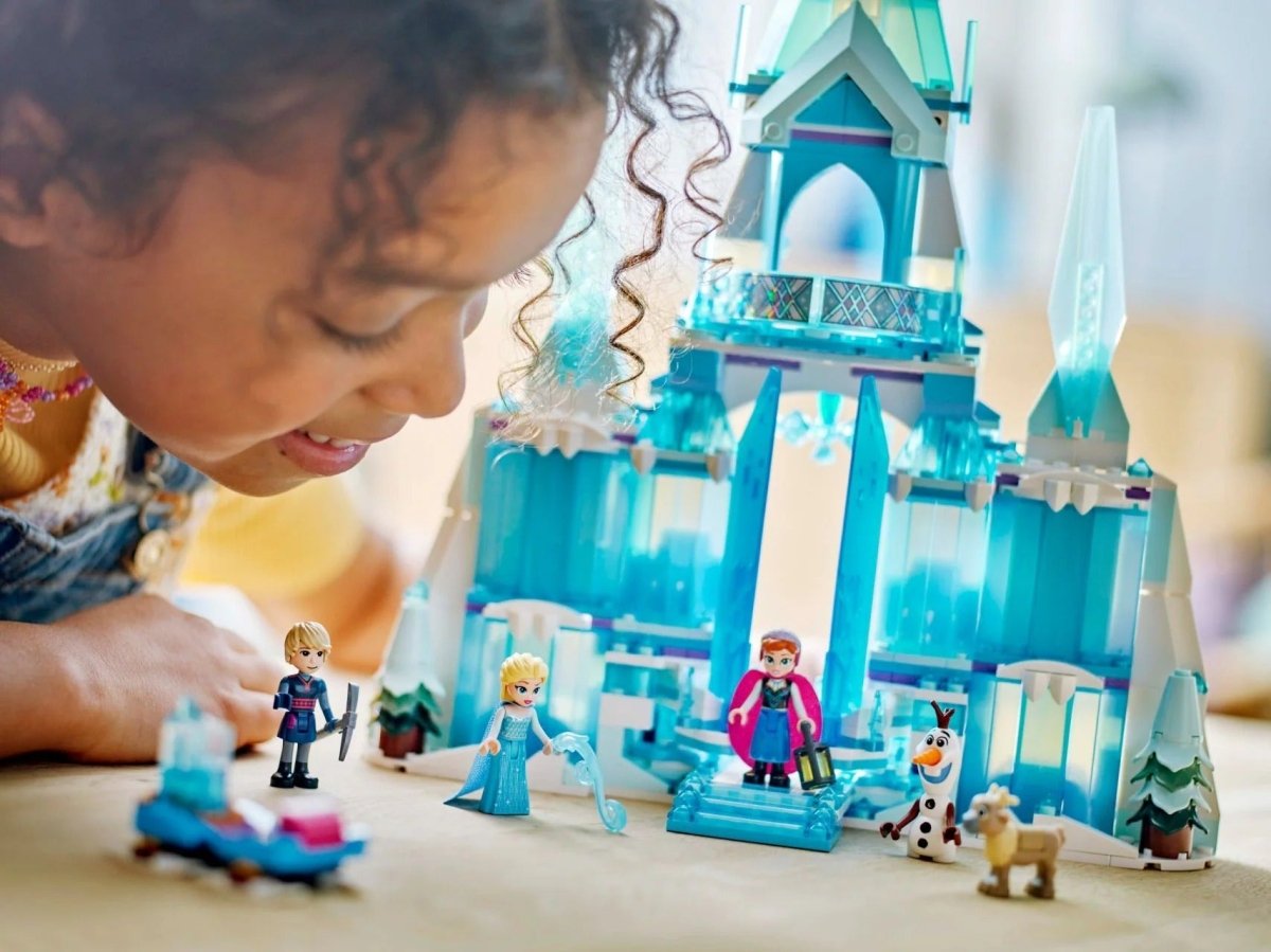 LEGO ice palace set with minifigures and a teal castle, shown up close