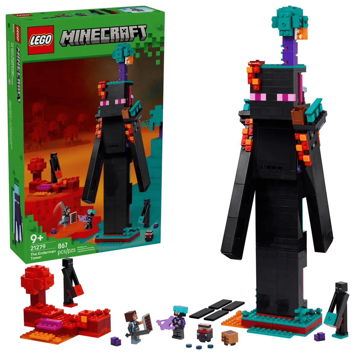 LEGO Minecraft Enderman Tower building set with tall Enderman figure and accessories