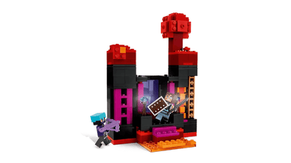Enderman Tower playset model with Enderman, red creatures, purple blocks, and weapon pieces