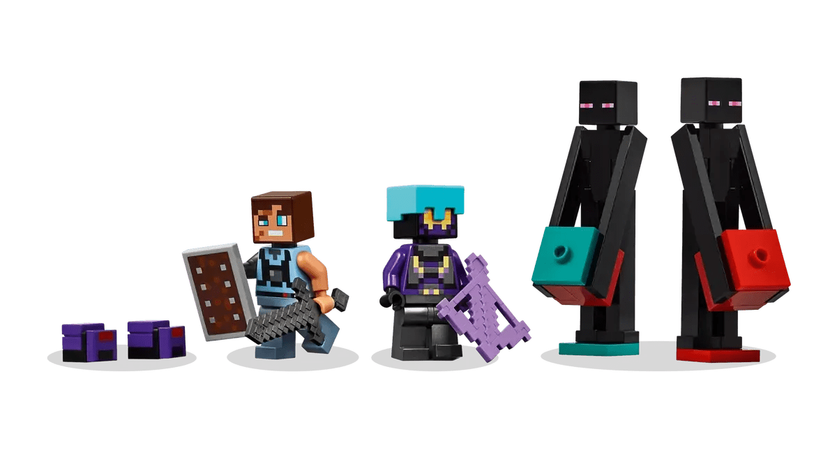 Enderman Tower minifigures: Enderman, Steve, and other characters with purple and teal parts