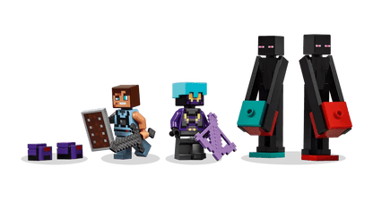 Enderman Tower minifigures: Enderman, Steve, and other characters with purple and teal parts