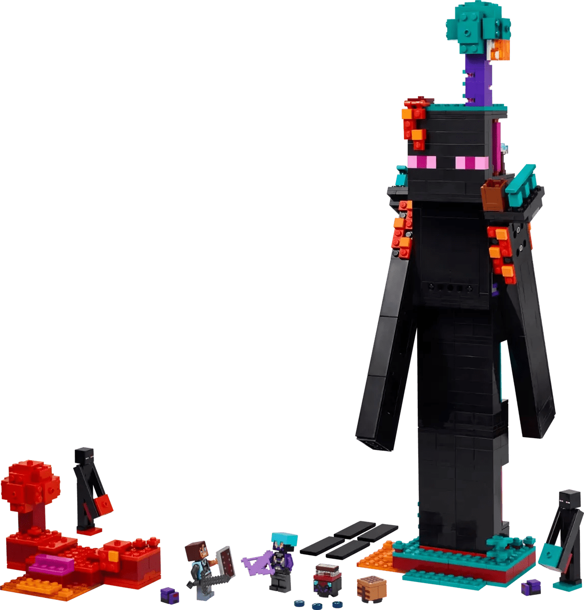 Enderman Tower assembled model: black legs, purple eyes, teal head, orange block details