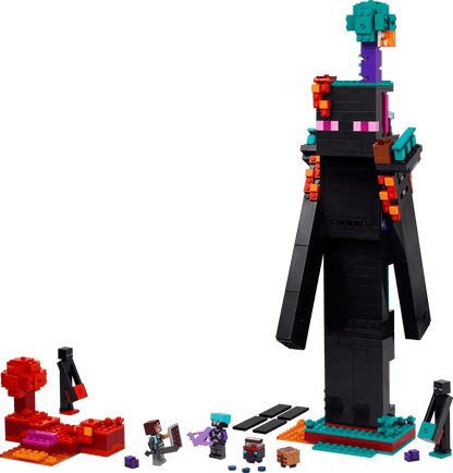 Enderman Tower assembled model: black legs, purple eyes, teal head, orange block details