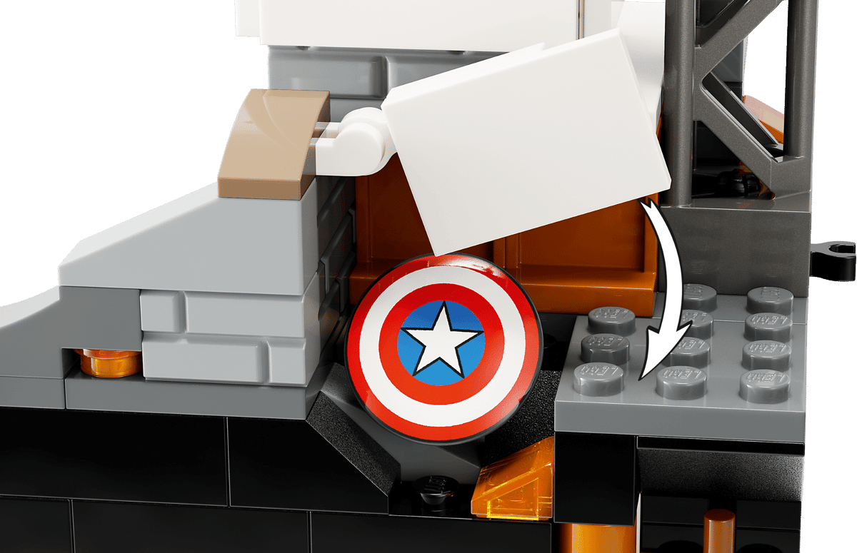 Endgame Final Battle shield emblem on build base with gray bricks and orange studs