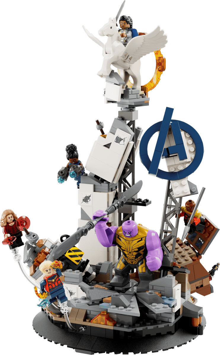 Endgame Final Battle build with white unicorn rider and purple-armored villain