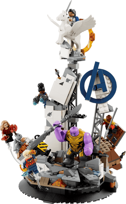 Endgame Final Battle build with white unicorn rider and purple-armored villain