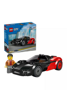 EV Supercar set: black and red electric car with driver minifigure, shown in box