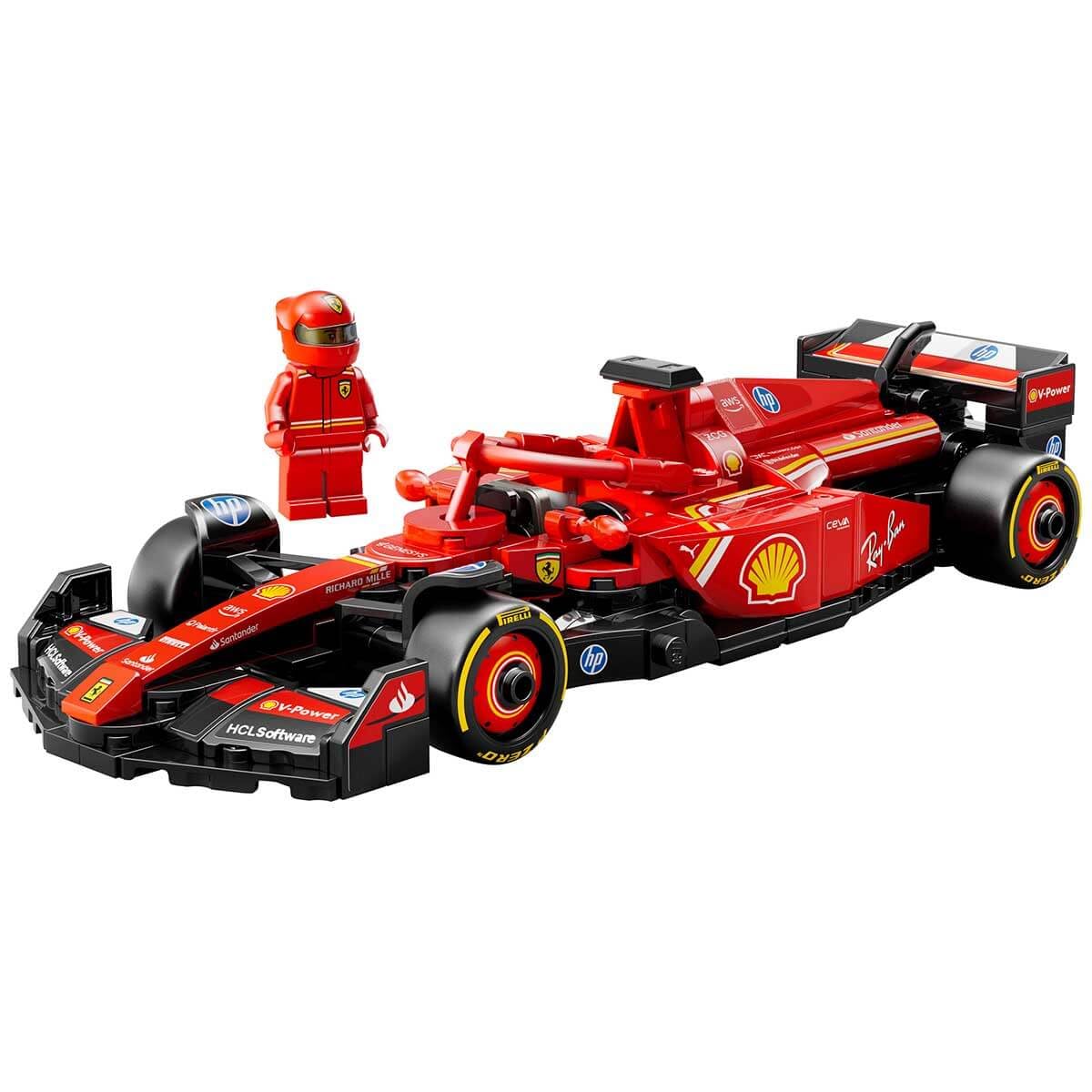 Red LEGO F1 race car with helmeted driver minifigure, front-left view