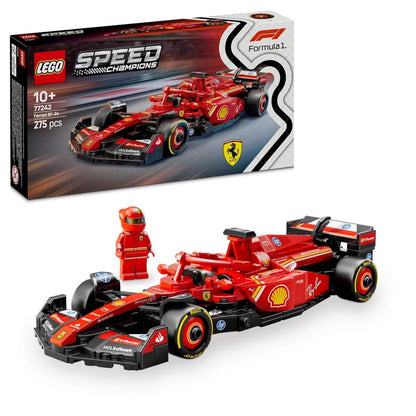 LEGO Ferrari SF-24 F1 set box and red race car model with driver minifigure