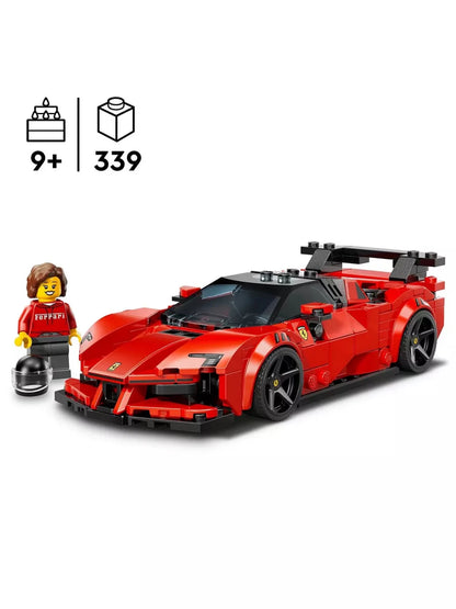 Front 3/4 view of red SF90 XX Stradale car model with minifigure