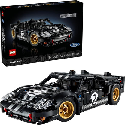 LEGO Ford GT40 MKII race car model, black with white racing stripes, gold wheels