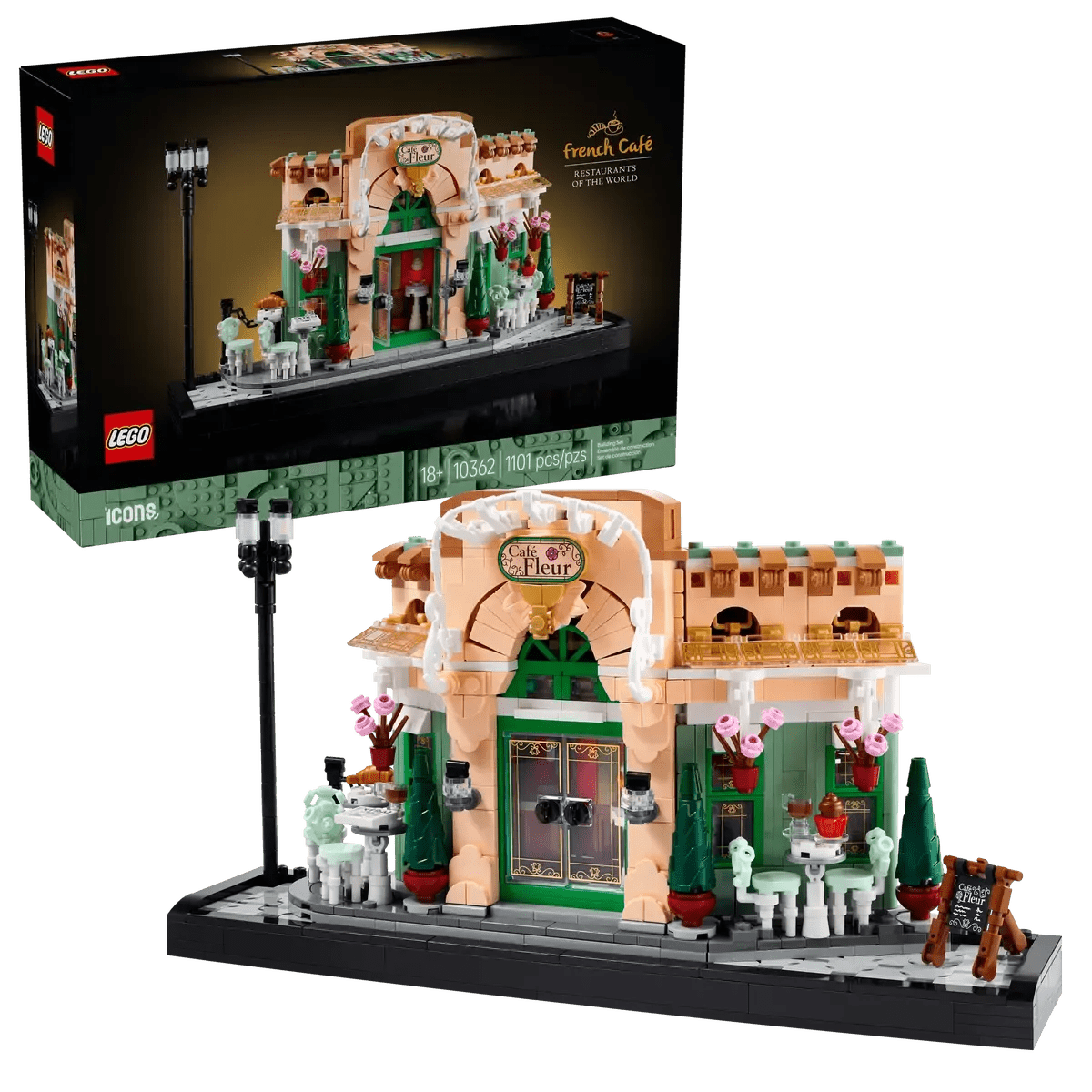 LEGO French Café, set de construction : façade beige, porte verte et comptoir blanc