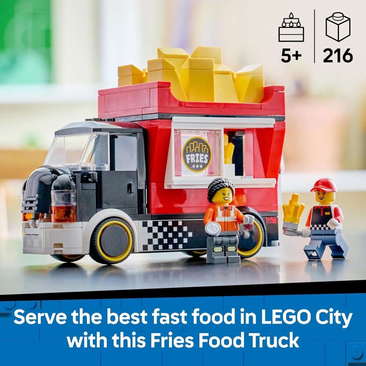 Fries Food Truck with two minifigures, red cart, black engine, yellow fries in window