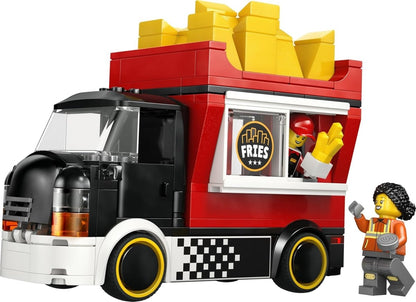 Red and black Fries Food Truck LEGO set with fries on top, minifigure on right