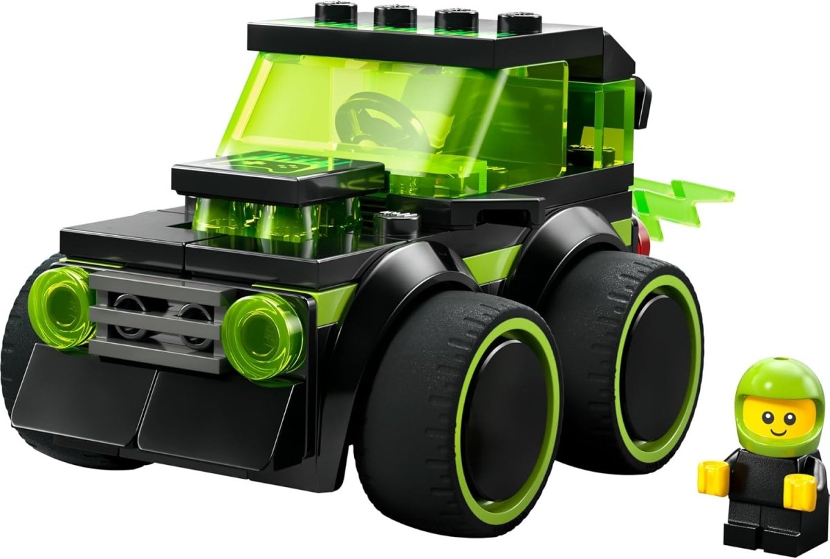 Grünes und schwarzes Gaming Car mit transparentem Cockpit und großen Reifen