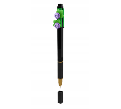 Black gel pen with lavender and green flower toy detail