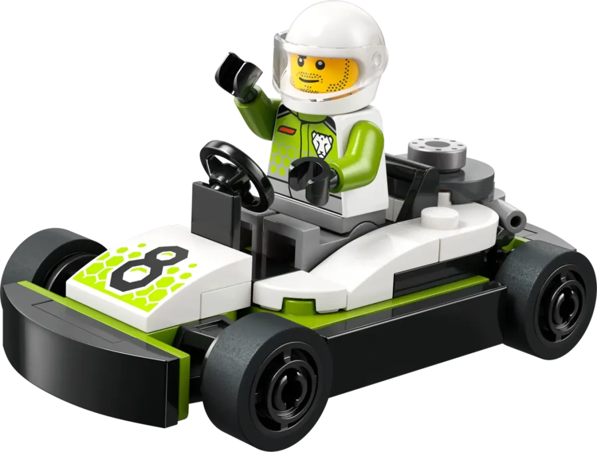 Go-Kart Racer: helmeted minifigure in green-and-black kart, front view