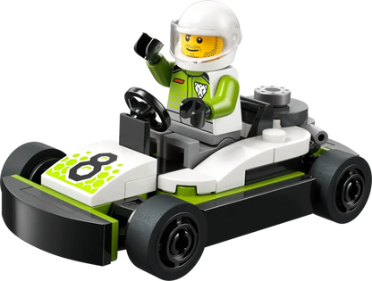 Go-Kart Racer: helmeted minifigure in green-and-black kart, front view