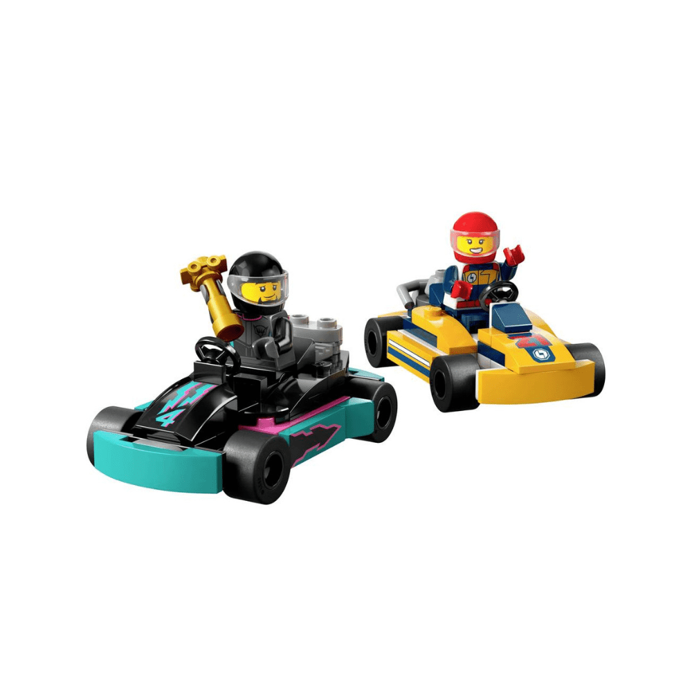LEGO City go-kart set with two race cars, including yellow and teal models, and minifig drivers
