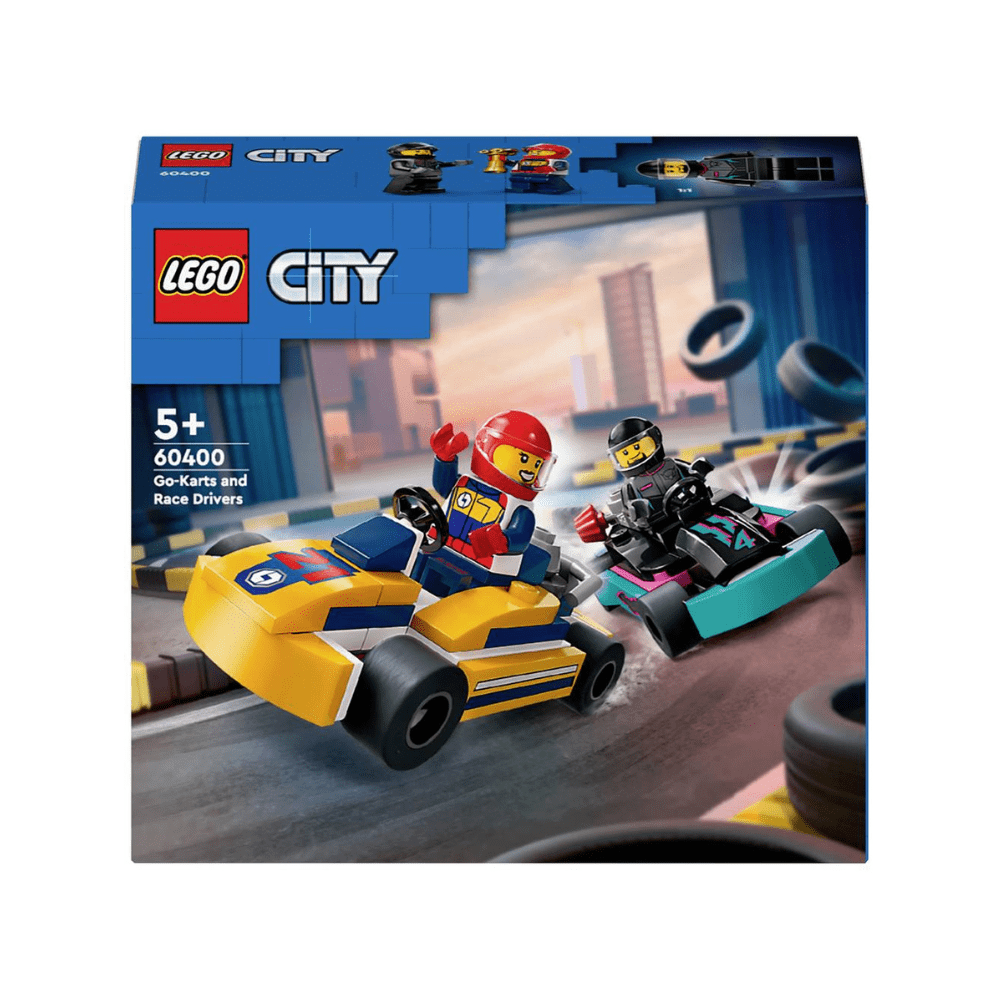 LEGO City go-karts and race drivers box front with two race cars and minifigures