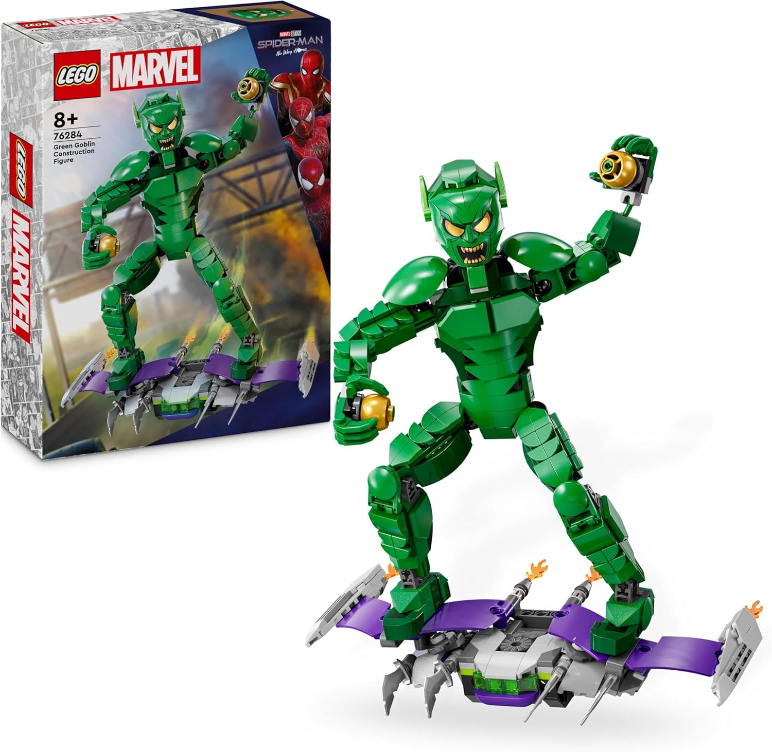 LEGO Marvel Green Goblin construction figure in green armor with purple base