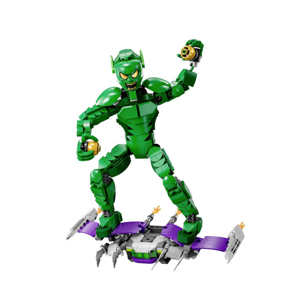 LEGO Marvel Green Goblin construction figure standing on gray-and-purple build