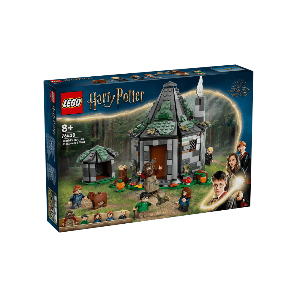 LEGO Harry Potter Hagrid’s Hut building set box, dark gray and green model design