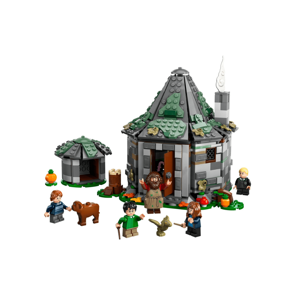 LEGO Hagrid’s Hut building set with gray hut, green roof, minifigures and accessories