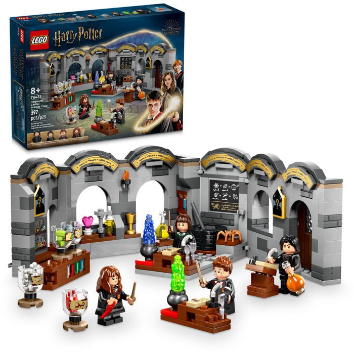 LEGO Harry Potter potions classroom set with gray arches, potion tables, and minifigures.