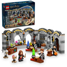 LEGO Harry Potter potions classroom set with gray arches, potion tables, and minifigures.