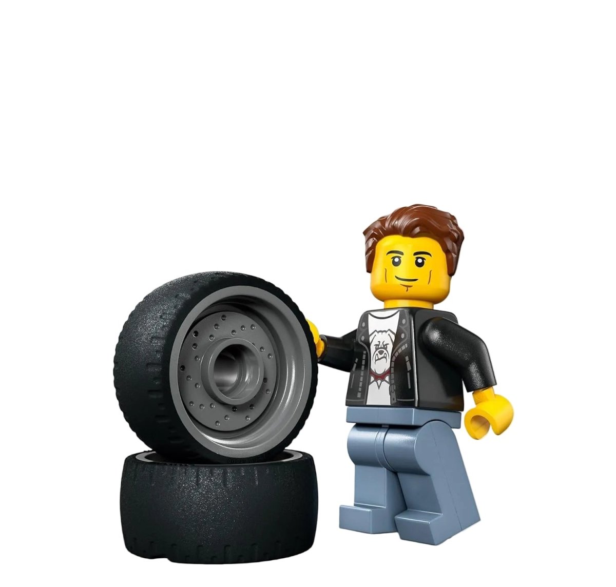 Hot Rod minifigure beside black wheel with gray hub and tire tread