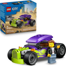 Hot Rod LEGO City set: purple body with lime engine, flame graphics, minifigure driver