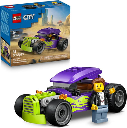 Hot Rod LEGO City set: purple body with lime engine, flame graphics, minifigure driver