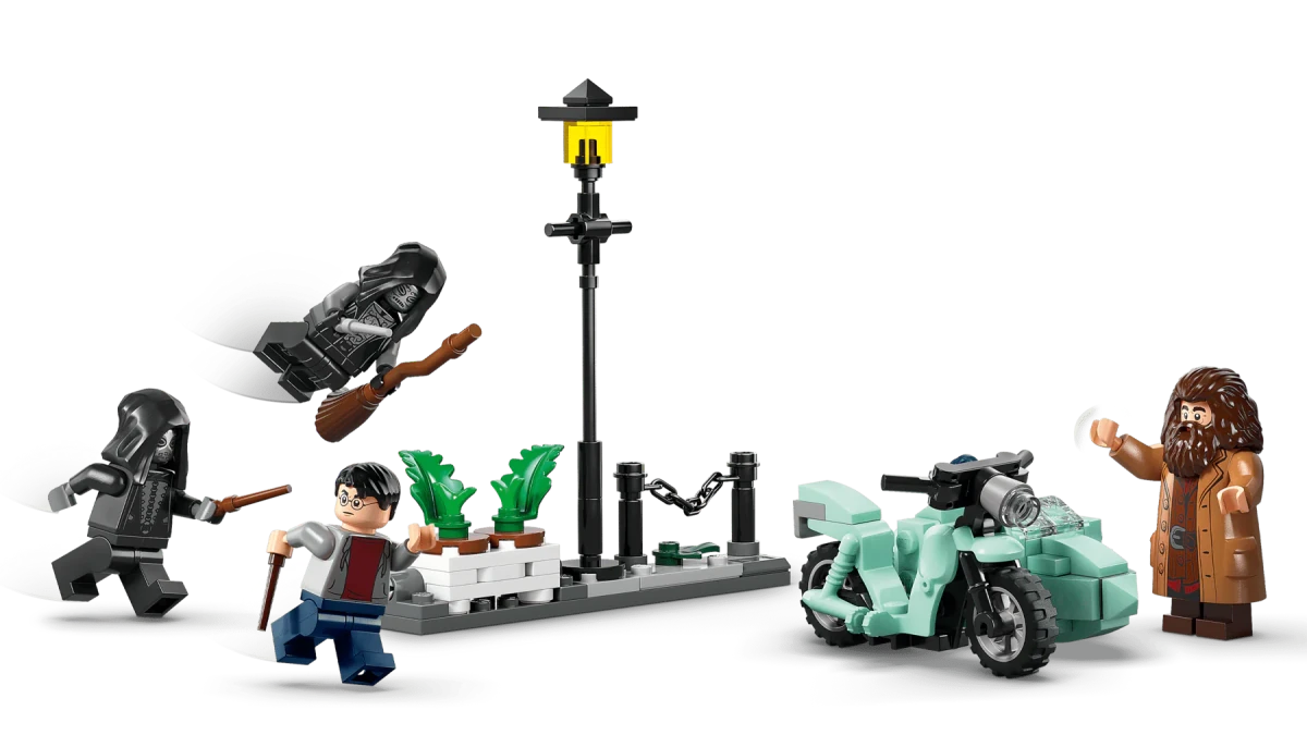 Escape-Set auf Basis: Figuren, mintgrünes Motorrad und Laternenmast mit gelber Lampeneinheit