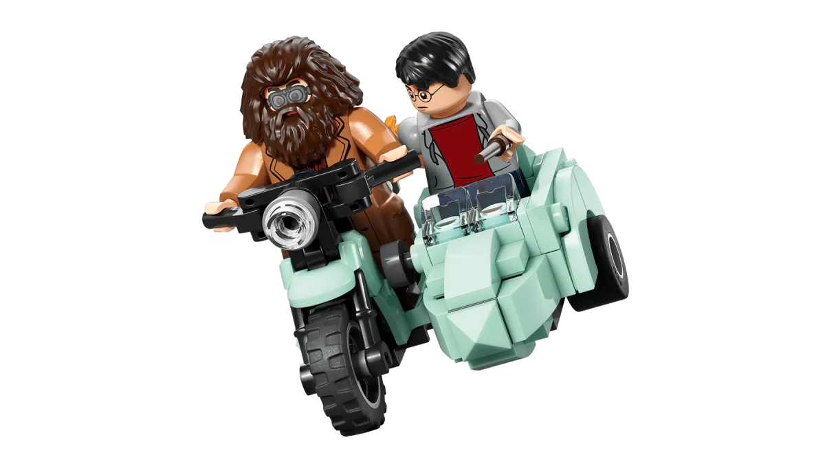 Mintgrünes Motorrad mit Hagrid und Harry-Minifigur, Rücklicht und Frontkopflicht sichtbar