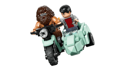 Mintgrünes Motorrad mit Hagrid und Harry-Minifigur, Rücklicht und Frontkopflicht sichtbar