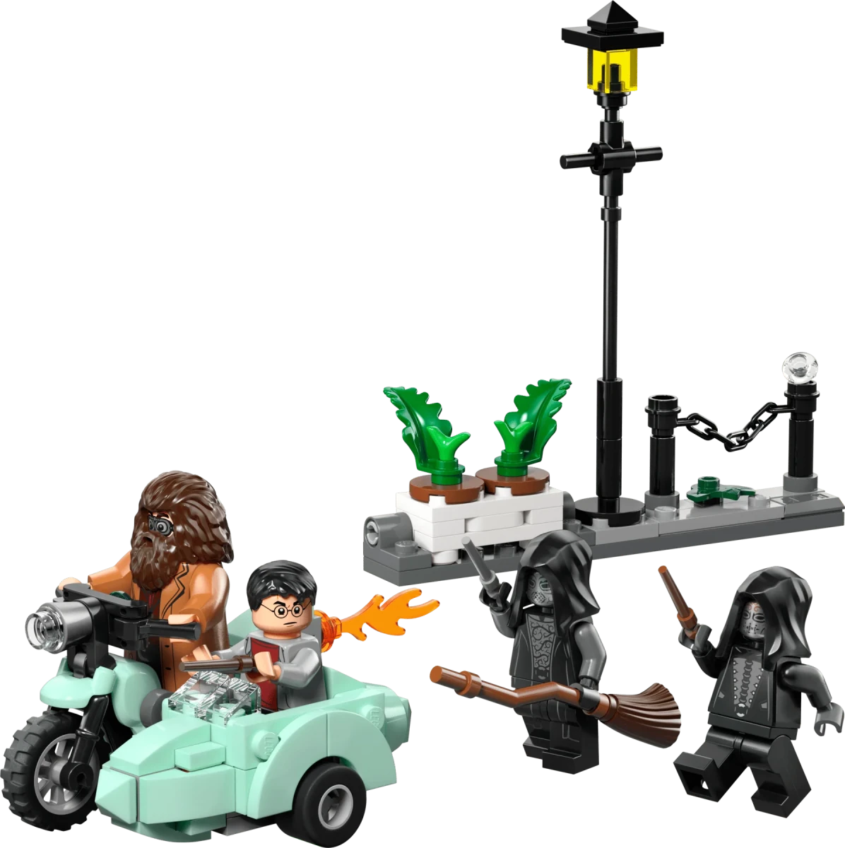 LEGO Escape-Set mit Motorrad, drei Minifiguren und Laternenmast mit gelber Lampe