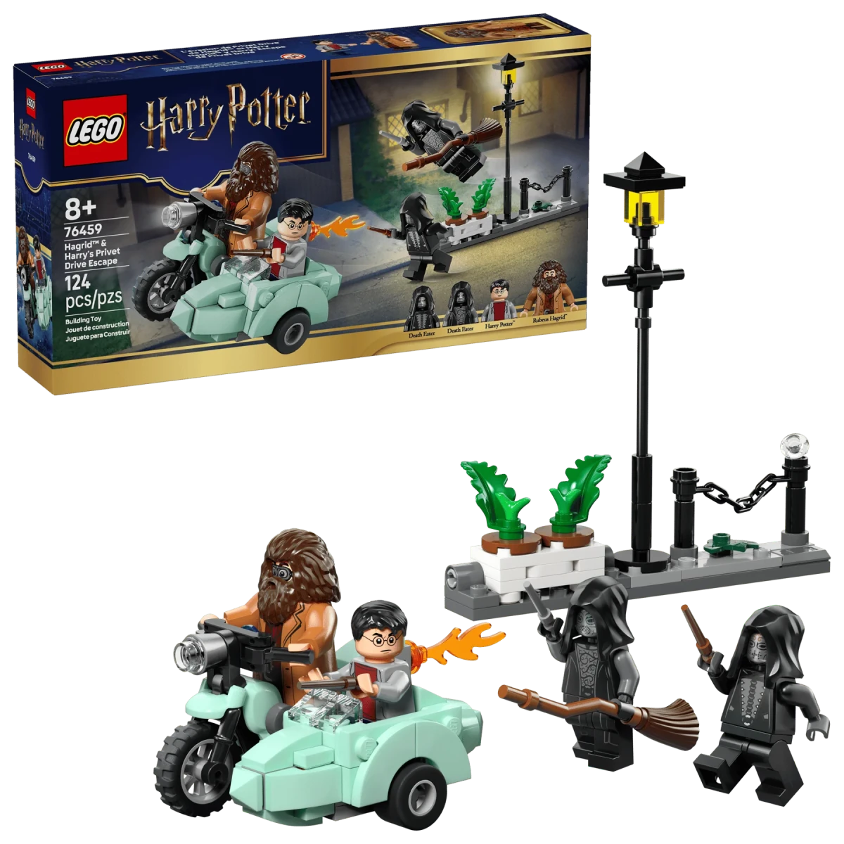 LEGO Harry Potter Escape-Set: mintgrünes Motorrad mit Hagrid, Harry und Laternenmast