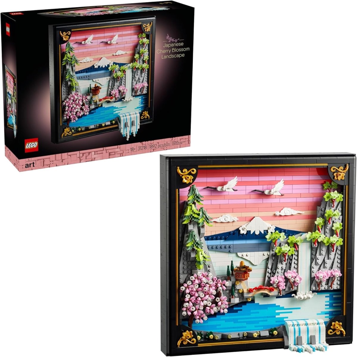 Lego Japanese Cherry Blossom Landscape set box with framed cherry blossom waterfall scene