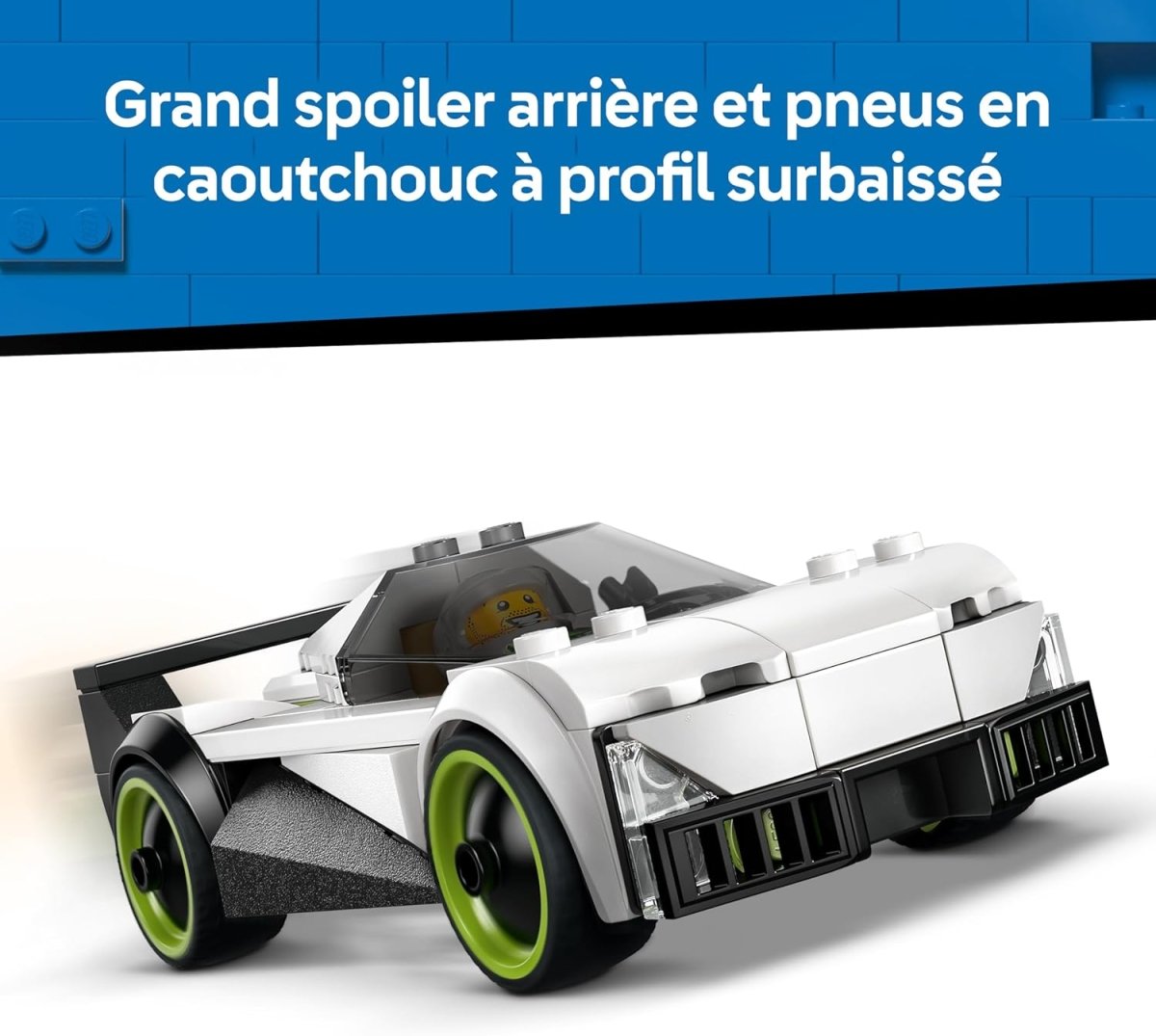 White sports car model with lime wheel rims and black front grille detail.