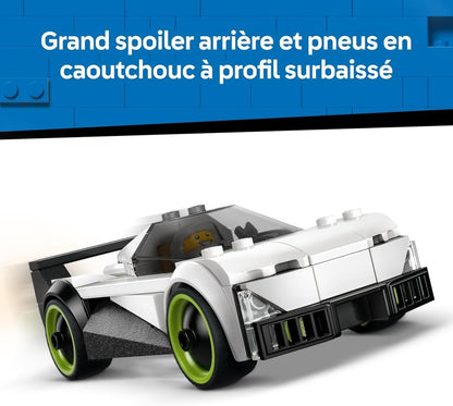 White sports car model with lime wheel rims and black front grille detail.