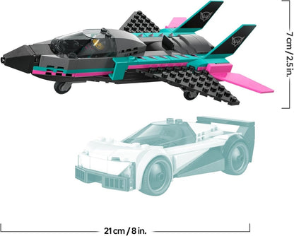 Jet and sports car LEGO models with size graphics (21 cm length shown).