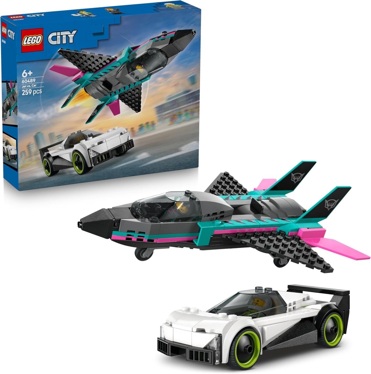 Jet vs. Car LEGO set box showing a futuristic jet and white sports car, 6+.