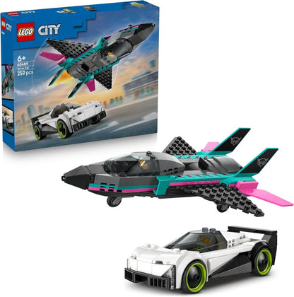 Jet vs. Car LEGO set box showing a futuristic jet and white sports car, 6+.
