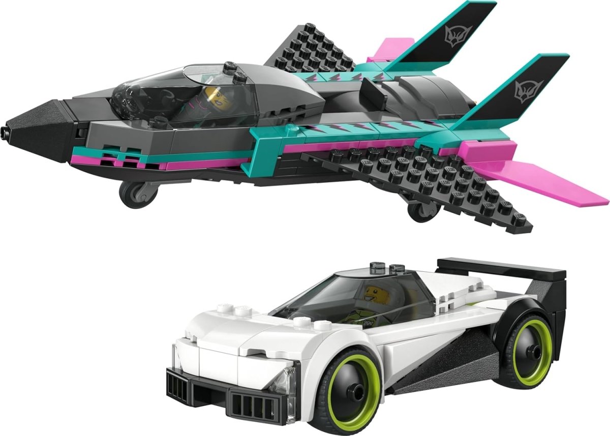 Futuristic jet with teal and pink accents plus white sports car with lime wheel rims.