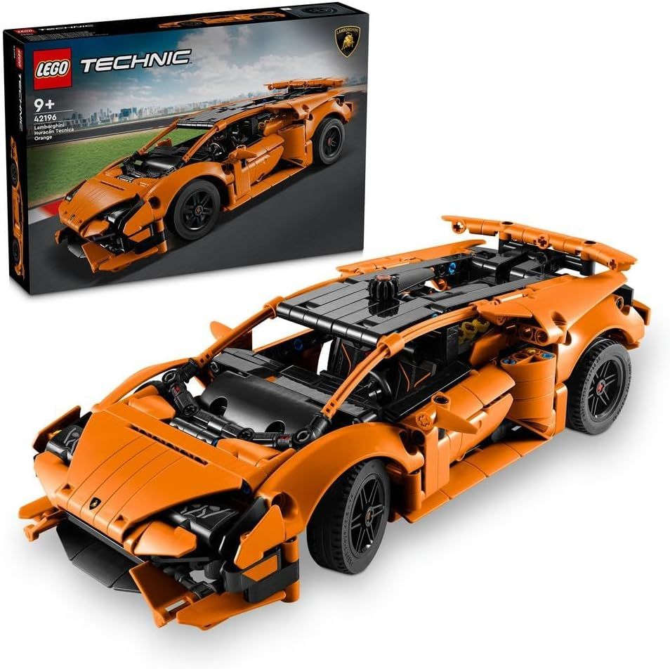 Orange LEGO Technic Lamborghini Huracán Tecnica model car with open engine details