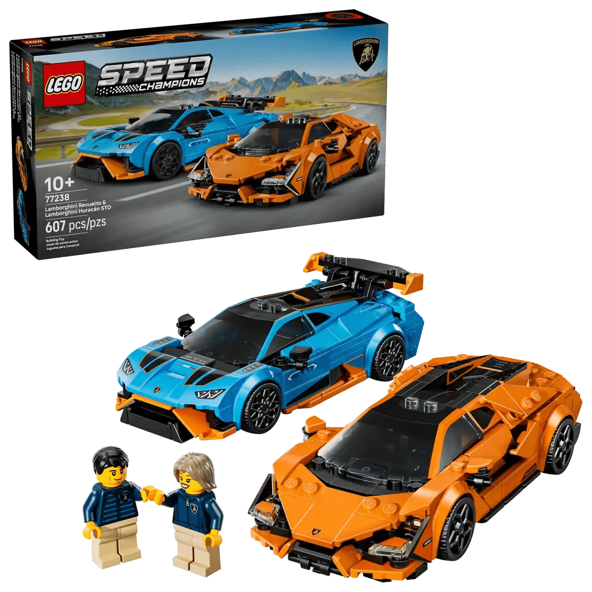 Set LEGO con coches azul y naranja Lamborghini Revuelto y Huracán STO